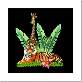 Tiger design with Giraffe Tropical Floral Style Posters and Art